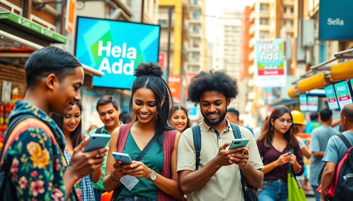 Engaging scene featuring diverse individuals interacting with Hela Ads in a lively urban marketplace.