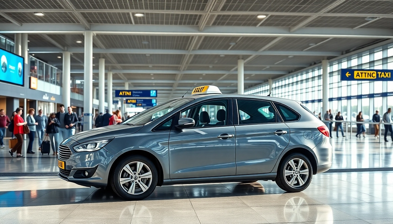Gatwick taxi service showcasing a modern cab at Gatwick airport surrounded by travelers.