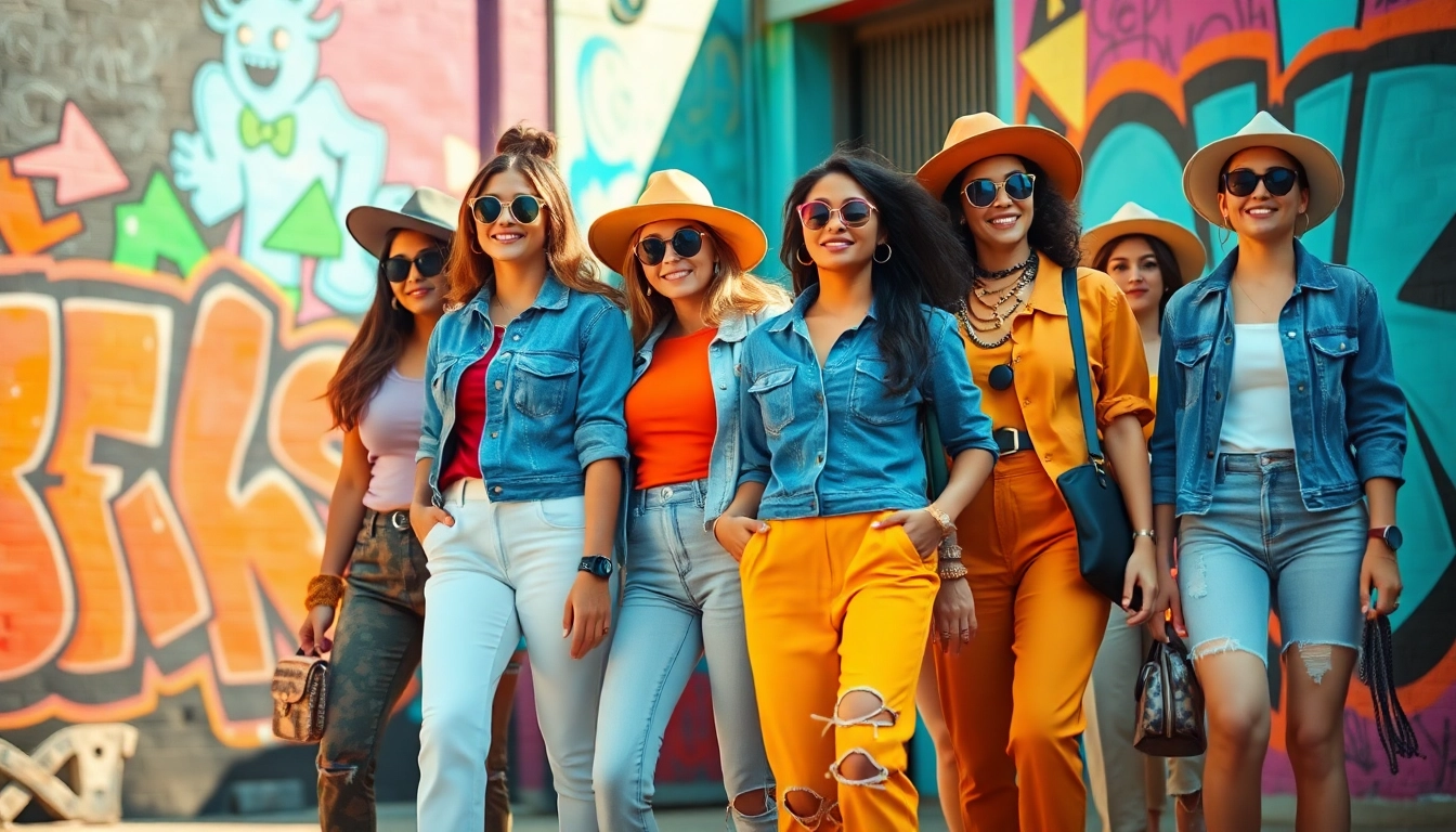Dynamic urban scene showcasing diverse women fashion in stylish outfits.