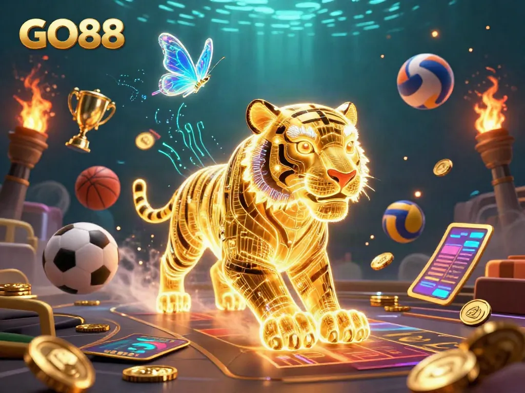 Experience exhilarating sports betting action at GO88 with dynamic visuals of a neon tiger and sports elements.