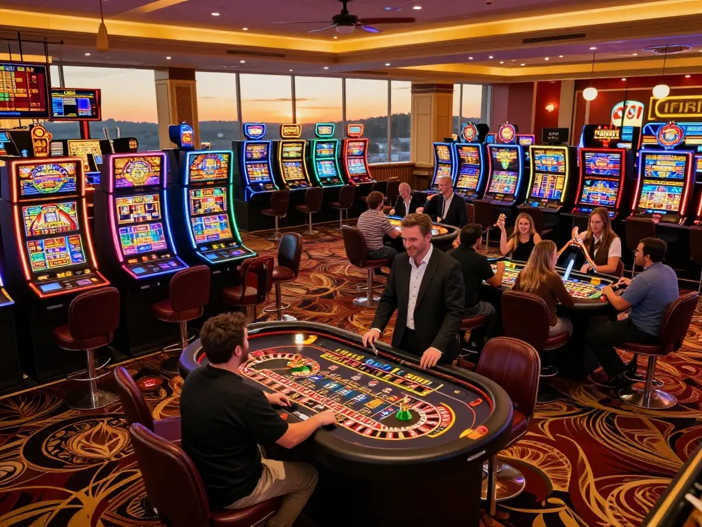 Players engaged in dynamic gameplay at a casino floor showcasing windd themed excitement with vibrant slot machines.