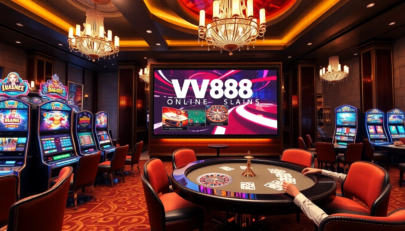 Exciting scene at a casino showcasing WW88 com gaming with vibrant slot machines and roulette table.