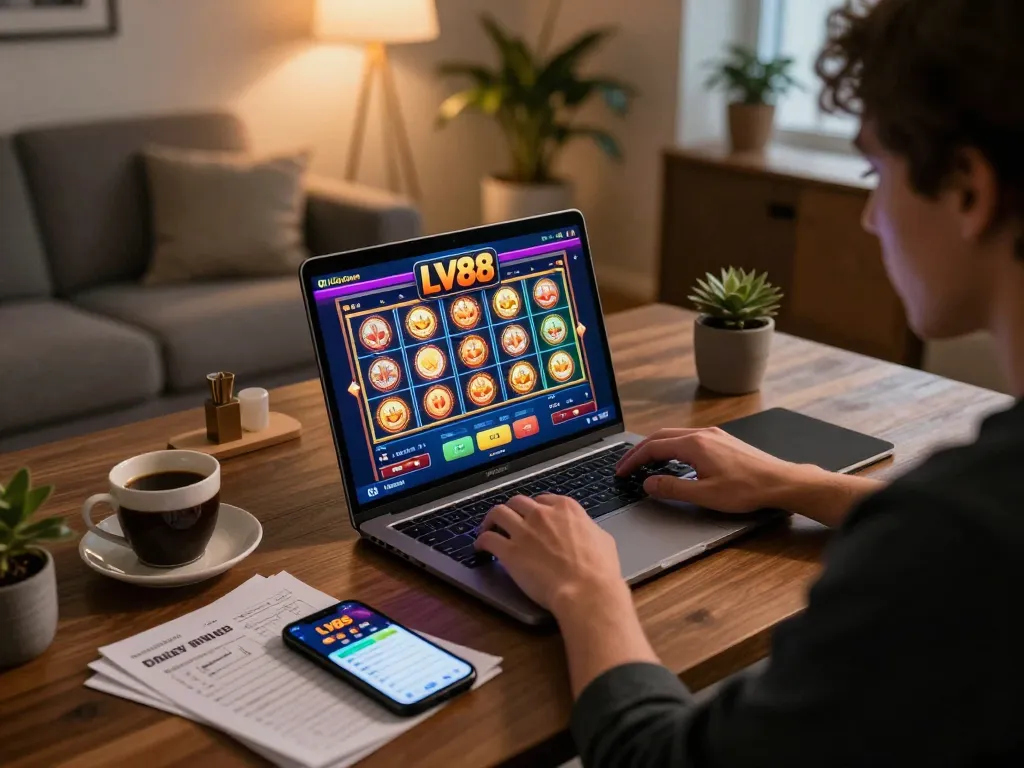 Person enjoying a thrilling gaming session on LV88's online casino platform.