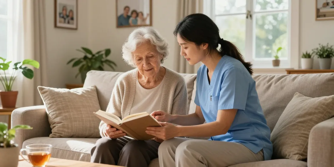 Respite care Birmingham scene with elderly woman and caregiver enjoying quality time in a cozy living room.