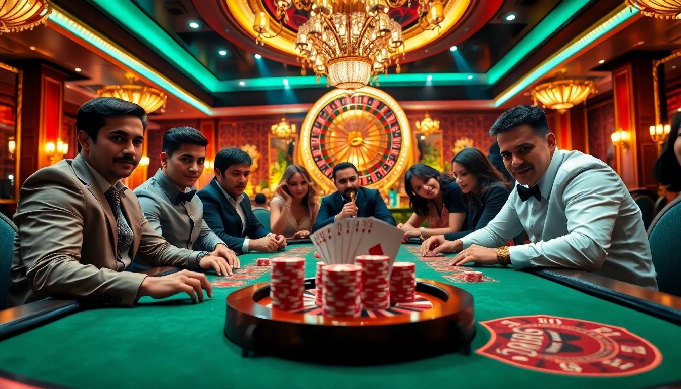 Ingatbola casino players strategizing at a luxurious poker table with vibrant decor.