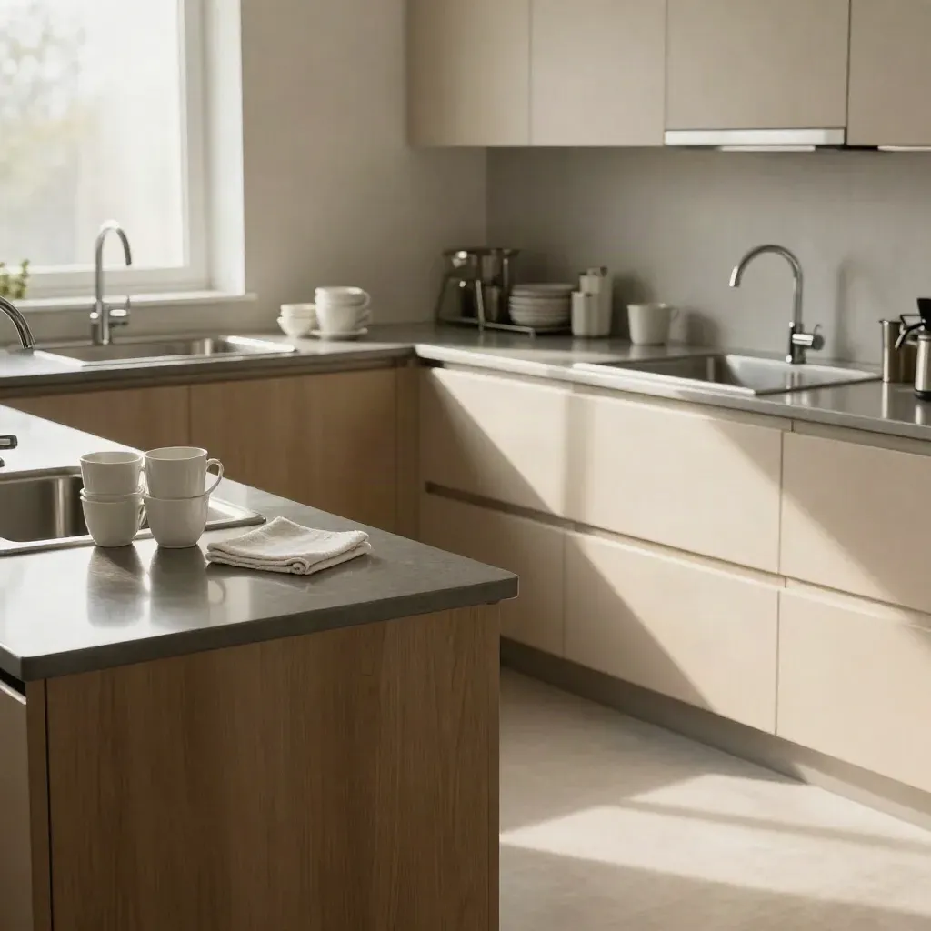 Cleaned office kitchenette with stacked mugs, reflective worktops and a spotless floor.