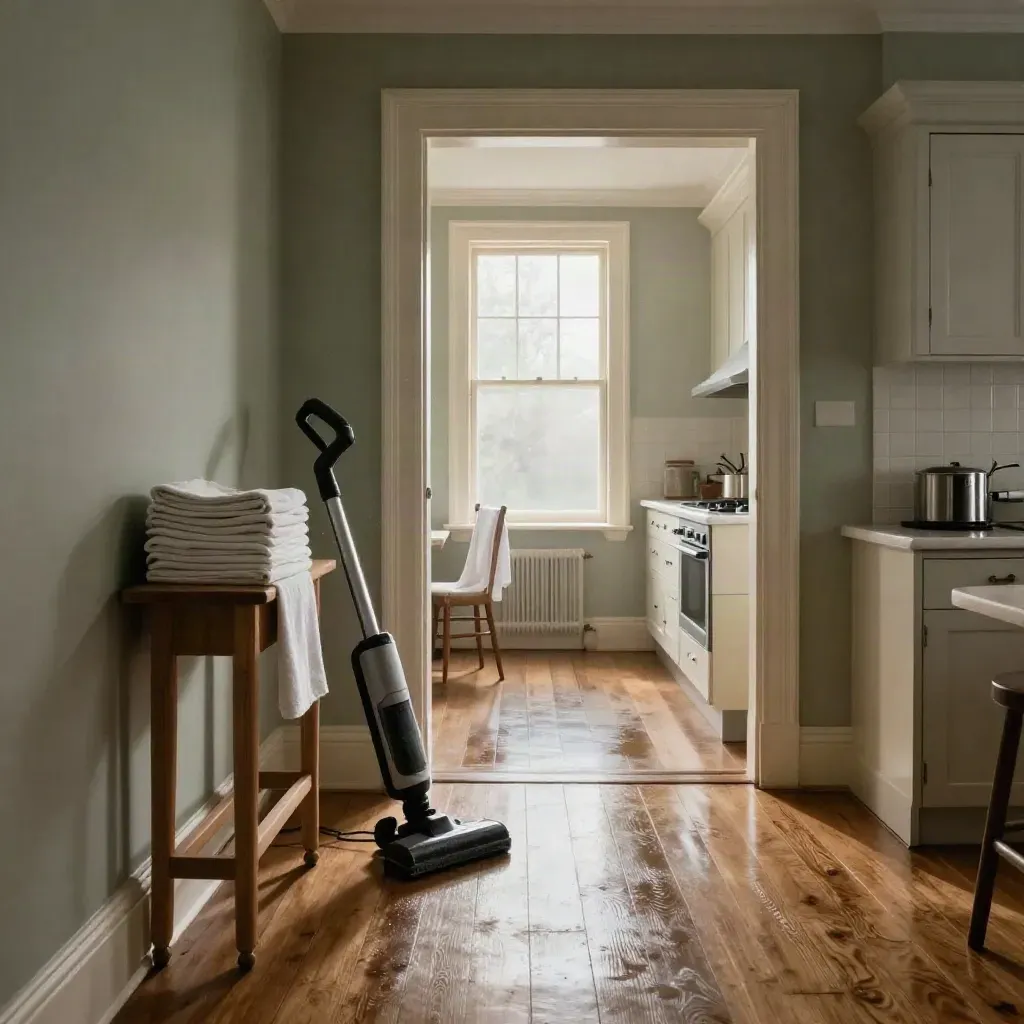 Freshly cleaned Victorian terrace lounge with vacuum, microfiber stack and sunlit hardwood floor.