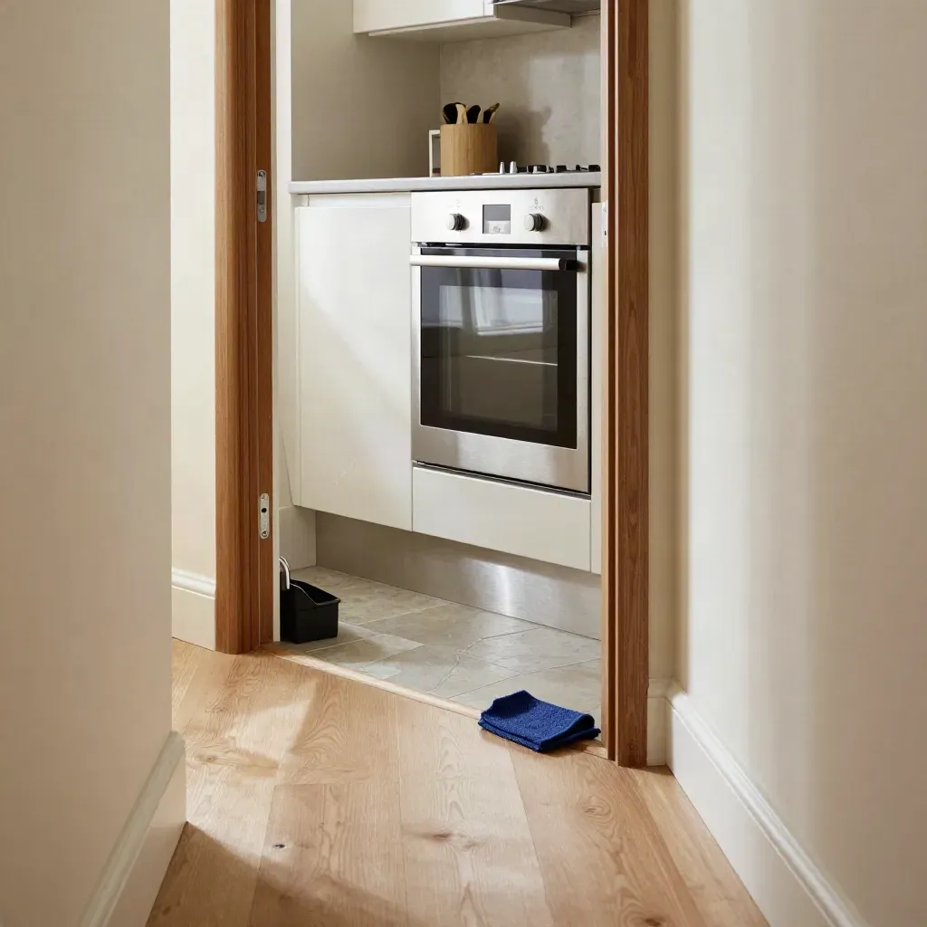 Floor-level hallway to spotless kitchen with wiped skirting, oven door, and settling cleaning cloth