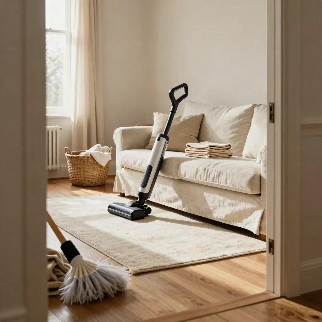 Sunlit cleaned living room with vacuum, folded throws and polished timber floor