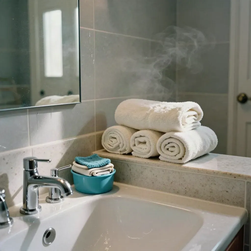 Deep-cleaned bathroom with gleaming taps, rolled towels, scrub caddy and steam.