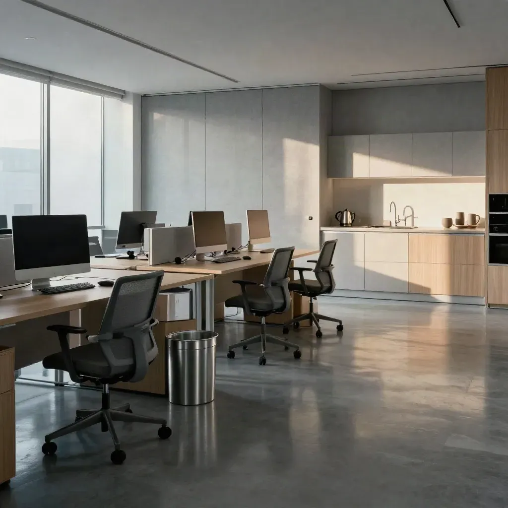 Clean open-plan office with polished floors, dark screens, aligned chairs and a spotless kitchenette at dawn.