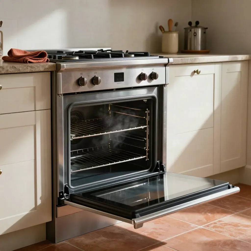 Open stainless oven with gleaming racks, black hob, and spotless extractor in a warm terracotta kitchen.