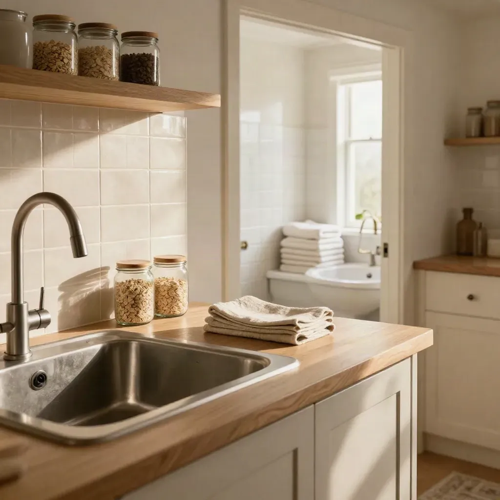 Bright kitchen to bathroom view with spotless tiles, jars, fresh towels and a gleaming sink.