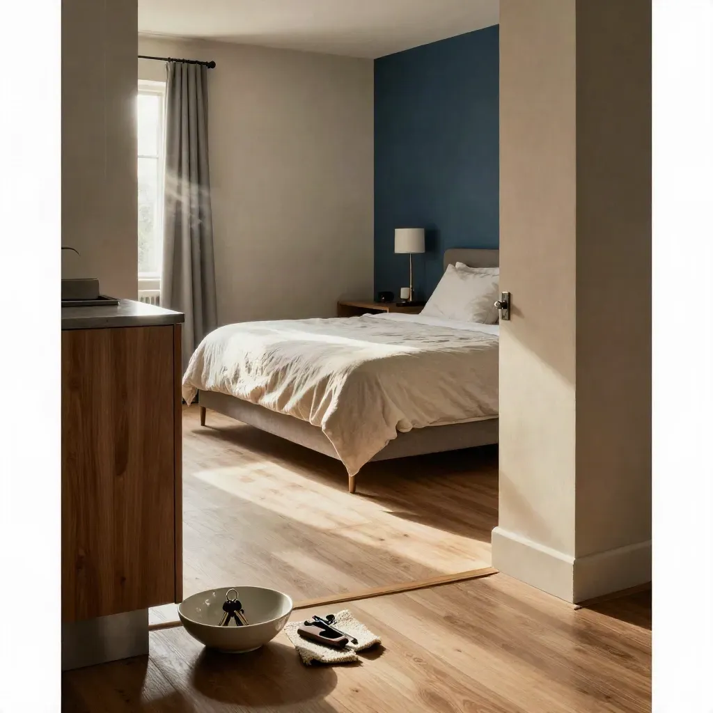 Empty flat ready for handover with made bed, gleaming kitchen, and keys by the door.