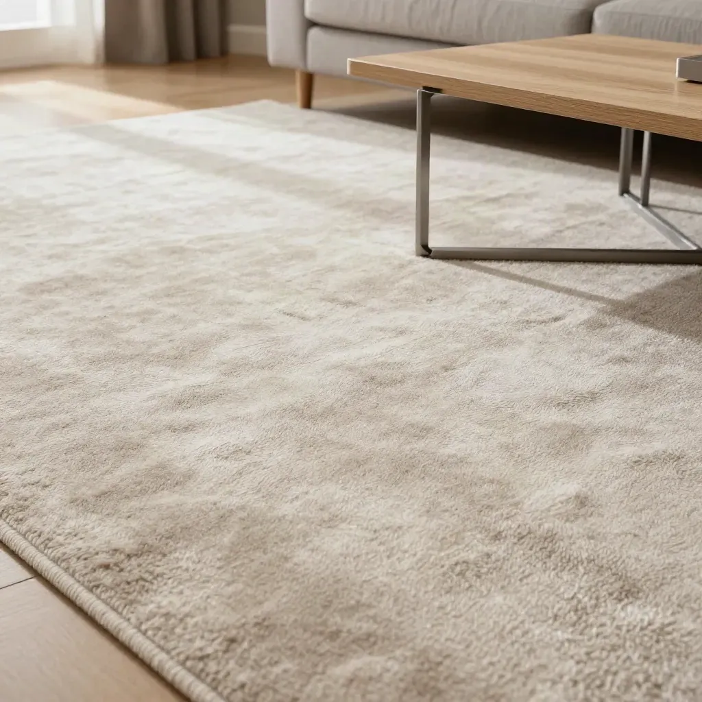 Restored living room carpet patch with sofa feet, rug edge and coffee table in soft daylight.