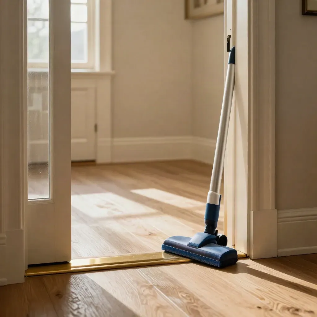 Pristine rental entryway with parked vacuum head, gleaming skirting and spotless glass.