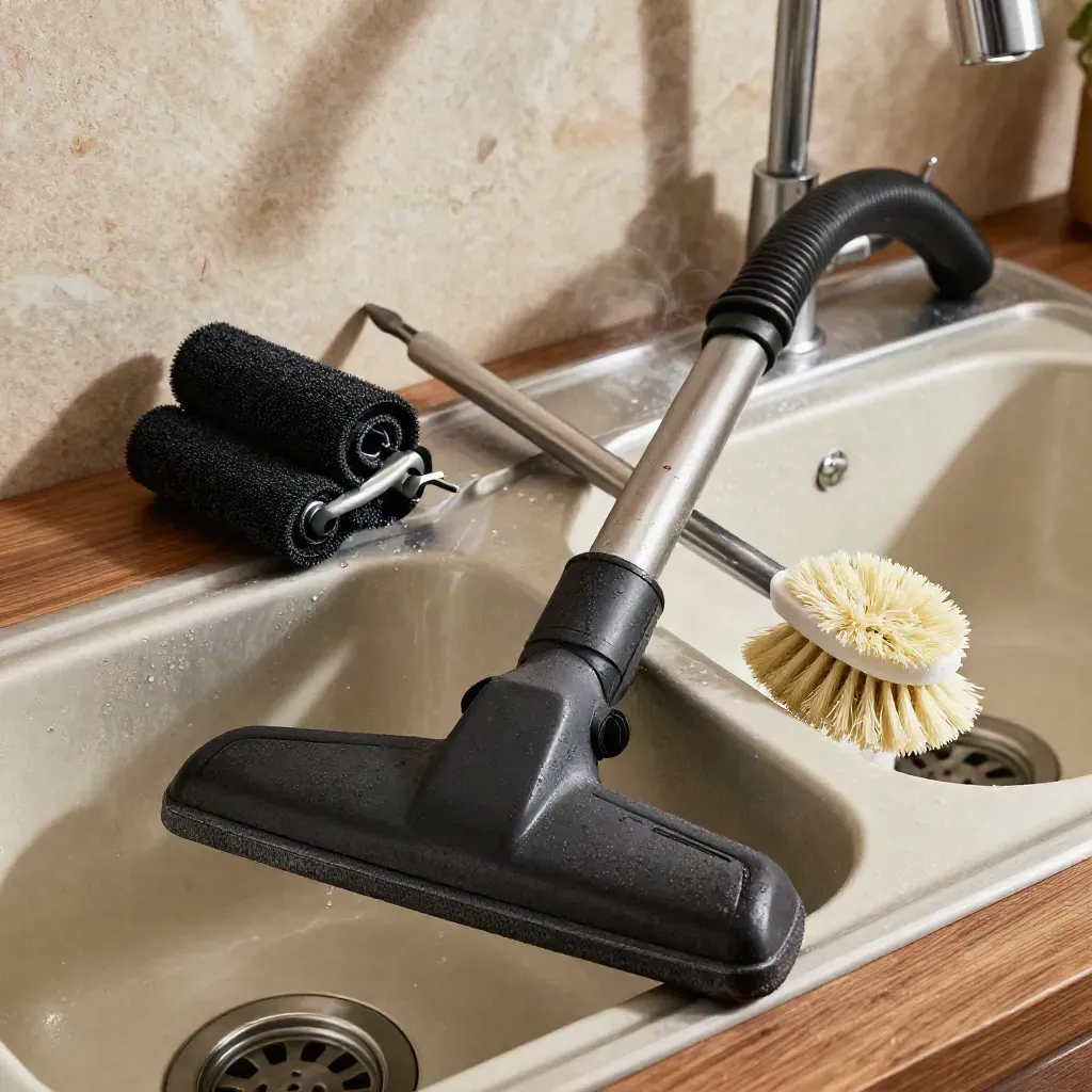Cleaning tools rinsed at a utility sink, shot as a dramatic still life.
