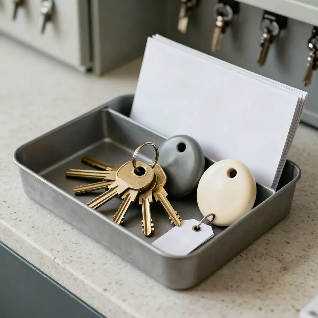 Brass keys and door fobs in a steel tray beside a folded route folder on travertine.