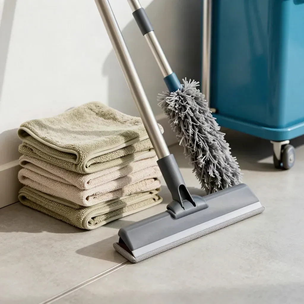 Cleaning tools lined up in a bright corridor: microfibre stack, squeegee, dusting wand, and caddy.