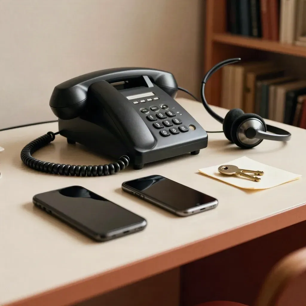 Desk phone, headset, smartphone and keys on a pale terracotta support desk under dramatic light