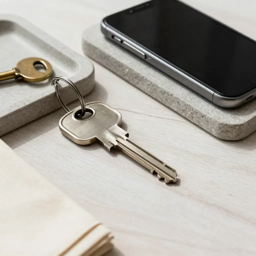 House key, smartphone and brass fob on a stone tray over pale wood, top-down still life.