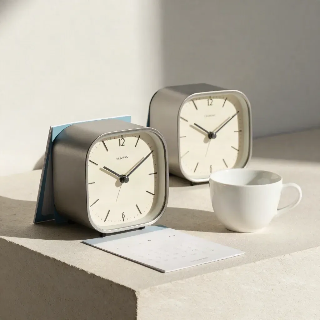 Two clocks, a face-down calendar card and a white cup on a pale plaster surface.