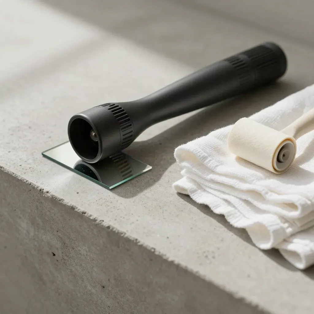 Torch, cloth, mirror tile and lint roller on a stone counter, side-lit macro.