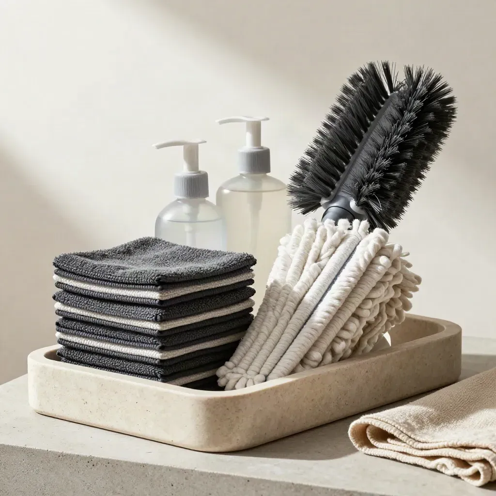 Cleaning caddy with pads, spray bottles, mop head and vacuum brush on a stone tray.