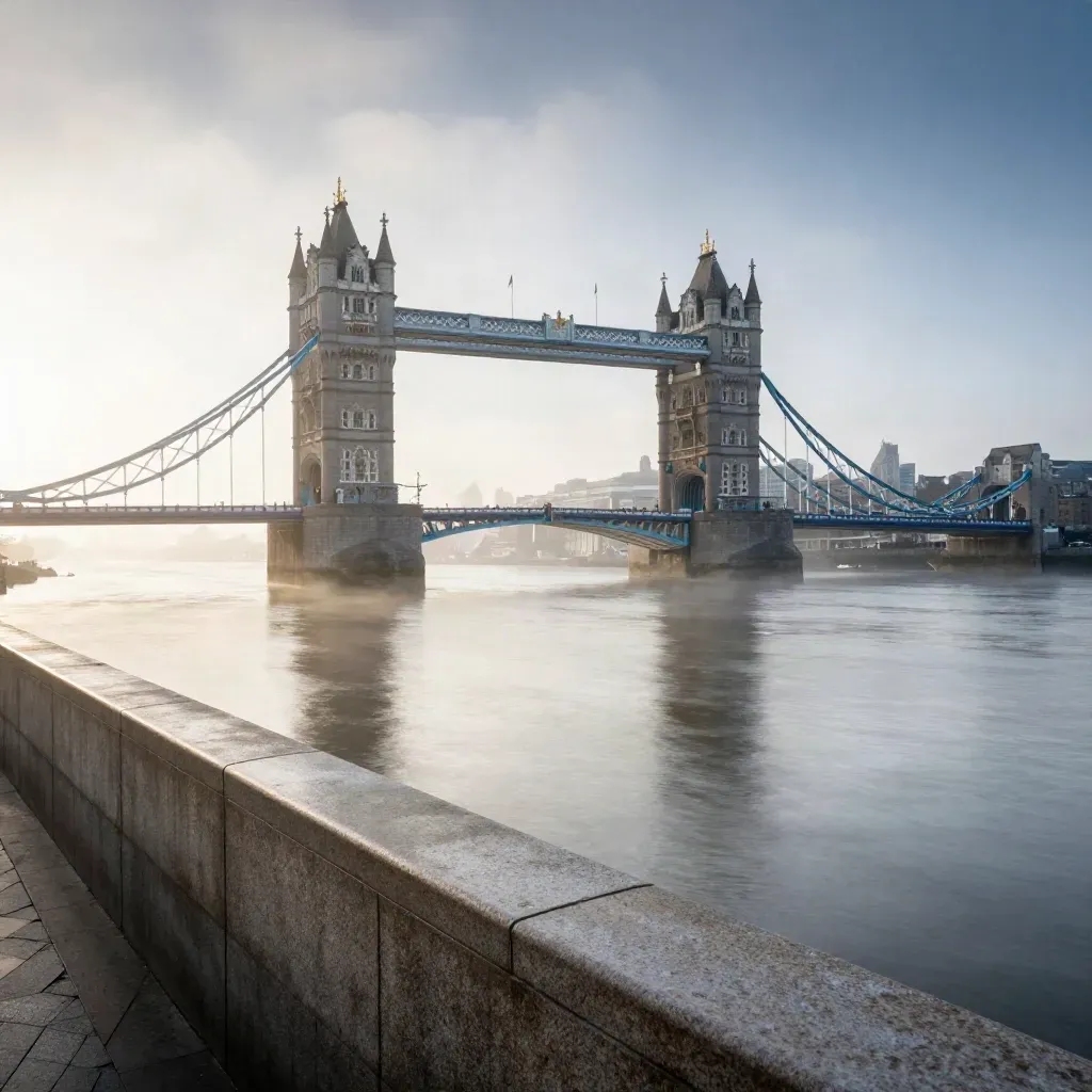 Tower Bridge silhouette over a misty Thames at dawn with calm London water