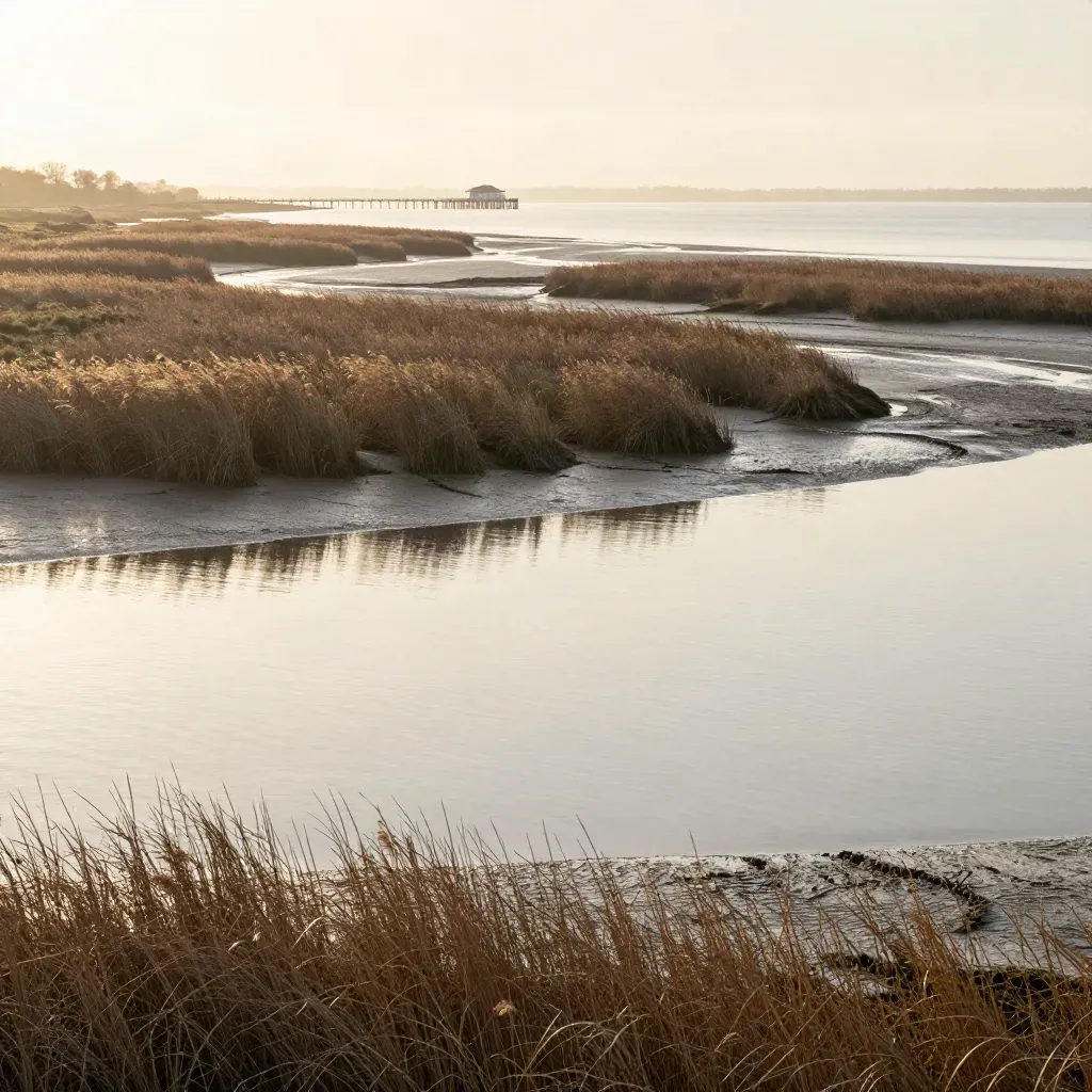 Essex tidal estuary at golden hour with salt marsh, reed beds, and tiny Southend Pier on the horizon.