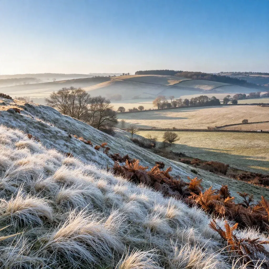 Golden hour Box Hill slopes and beech woodland with misty meadow space below.