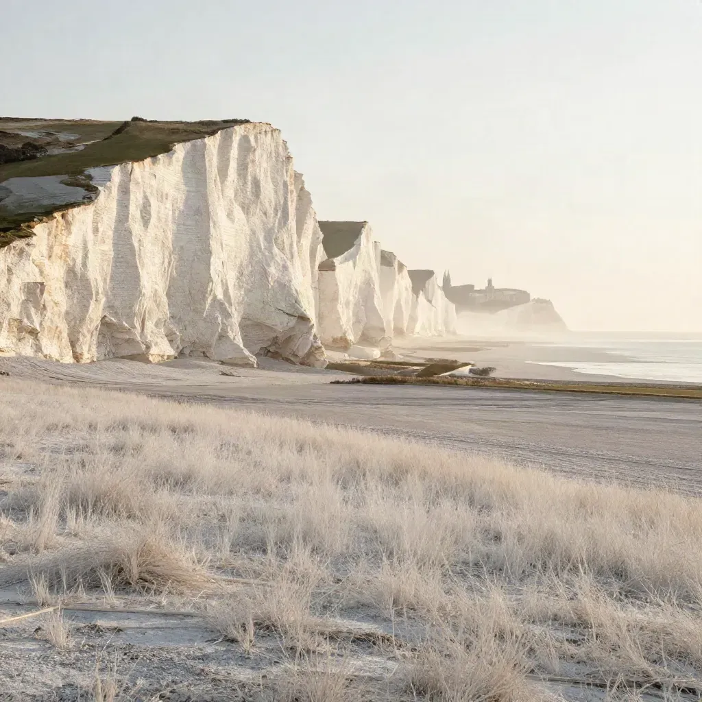 Kent chalk cliffs above a hazy field plain with distant cathedral spires in warm late light