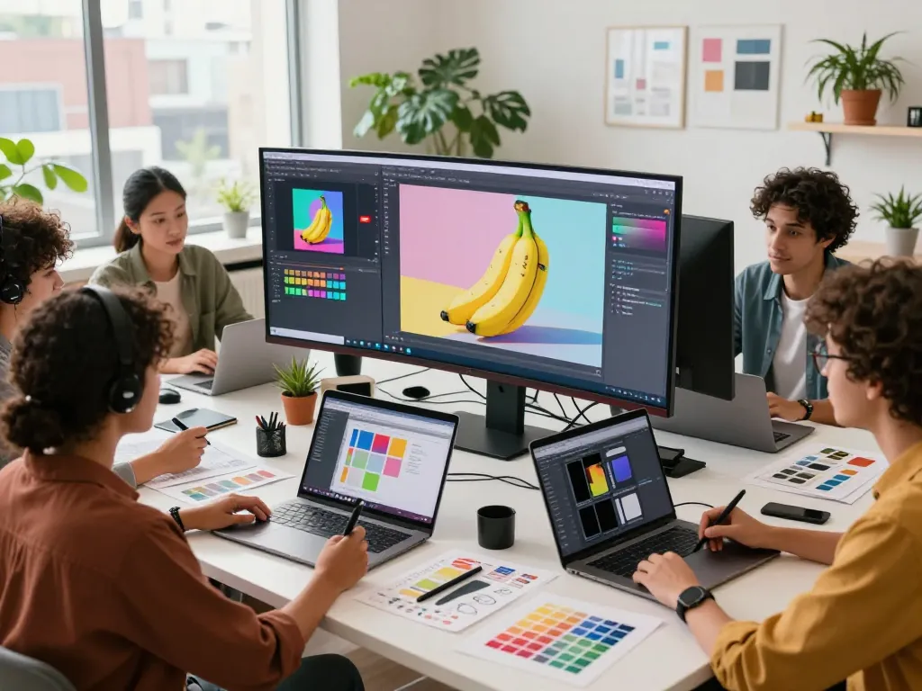 Group of artists working together using nano banana ai in a modern digital workspace.