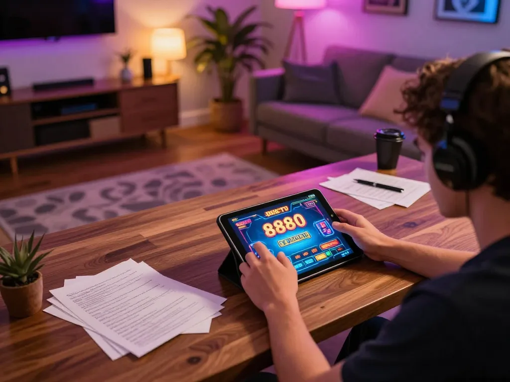 Player engaging with 888slot on tablet, displaying thrilling game interface and strategy notes.