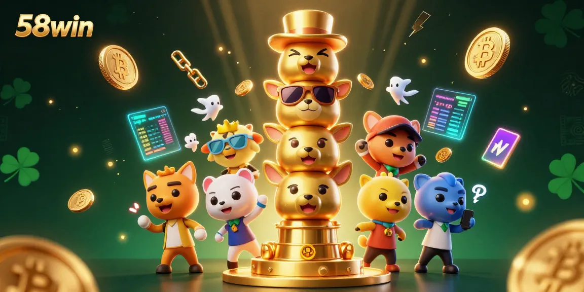 Engage in exciting gameplay with 58win, featuring dynamic crypto elements in a vibrant casino illustration.