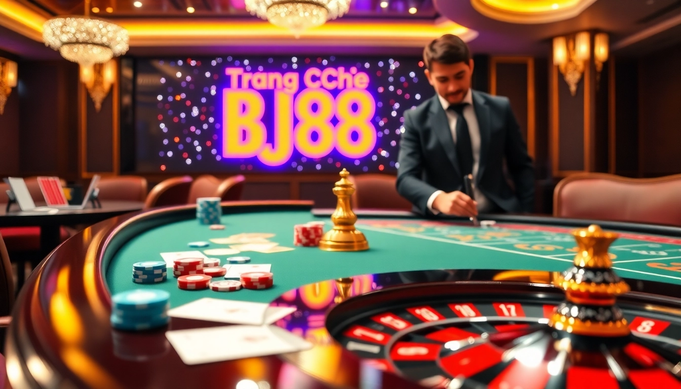 Engaging scene of a luxury casino table at Trang Chủ BJ88 with vibrant poker chips and cards.