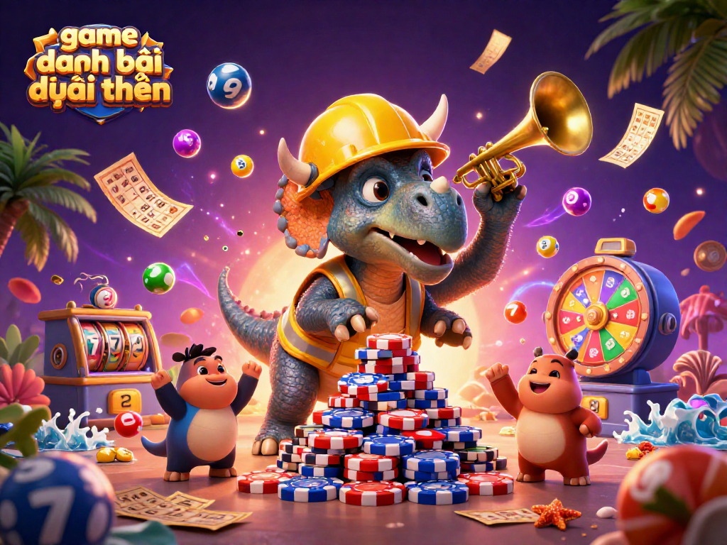 Engage in game đánh bài đổi thưởng with vibrant 3D cartoon characters celebrating rewards in a dynamic casino scene.