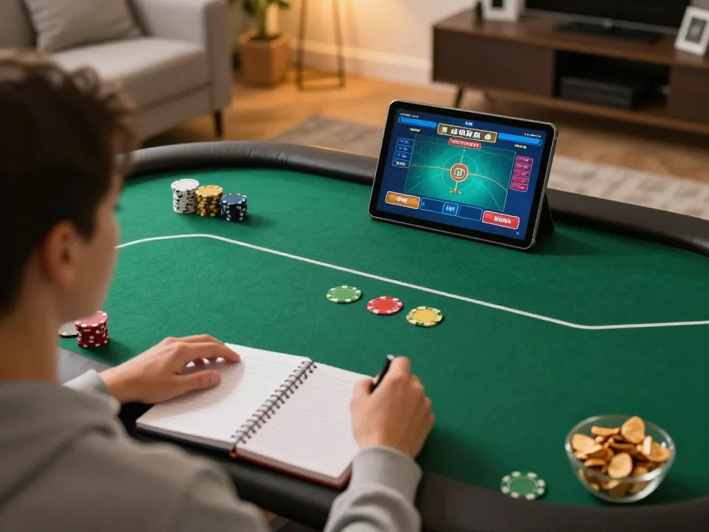 Player enjoying poker on tablet in DN88 online gaming setup, showcasing strategic notes.