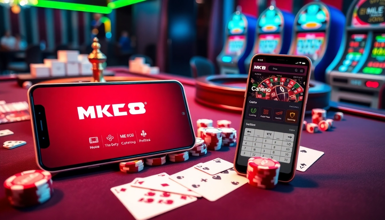 Engaging online betting scene showcasing MK8 smartphone interface at a luxurious casino table.