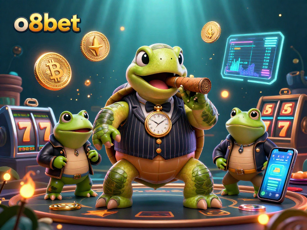 Experience o8bet's vibrant casino scene with a turtle, neon coins, and immersive game elements.