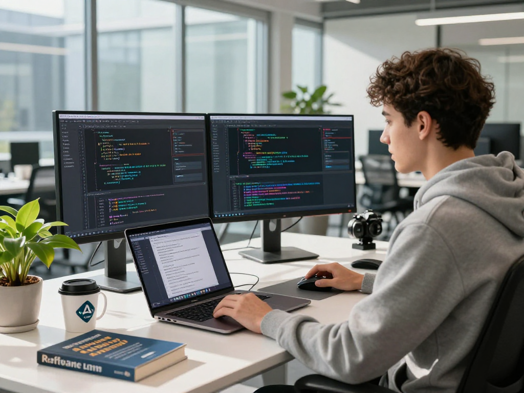 Young software engineer analyzing 18+ ai algorithms in a bright tech workspace with dual monitors and modern decor.