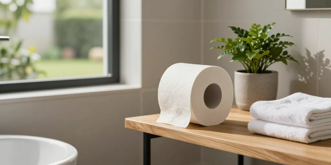 Bamboo Toilet Paper displayed in a modern eco-friendly bathroom setting with natural light and greenery.
