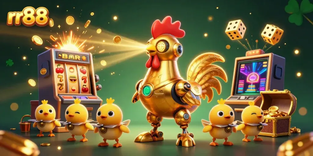 Win big at rr88 with the golden rooster robot leading a colorful casino adventure filled with excitement.