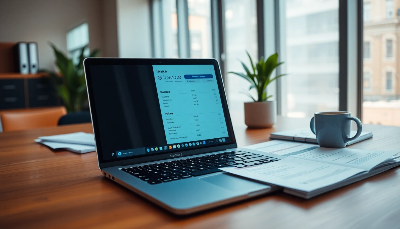 Logo e-arşiv displayed on a laptop in a professional office setting, showcasing digital invoicing solutions.
