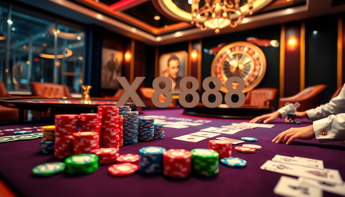 Players engaging in high-stakes gambling action at a bustling XX88 casino table, showcasing excitement and strategy.