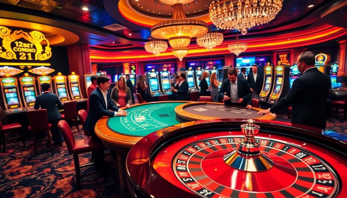 Players engaging in thrilling games at 12bet casino tables, showcasing excitement and luxury.