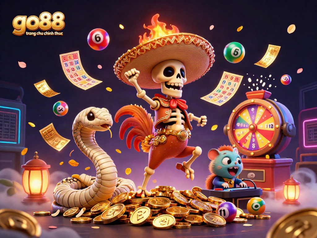 Experience the excitement of go88 trang chu chinh thuc with dynamic lottery elements and characters in a vibrant 3D scene.