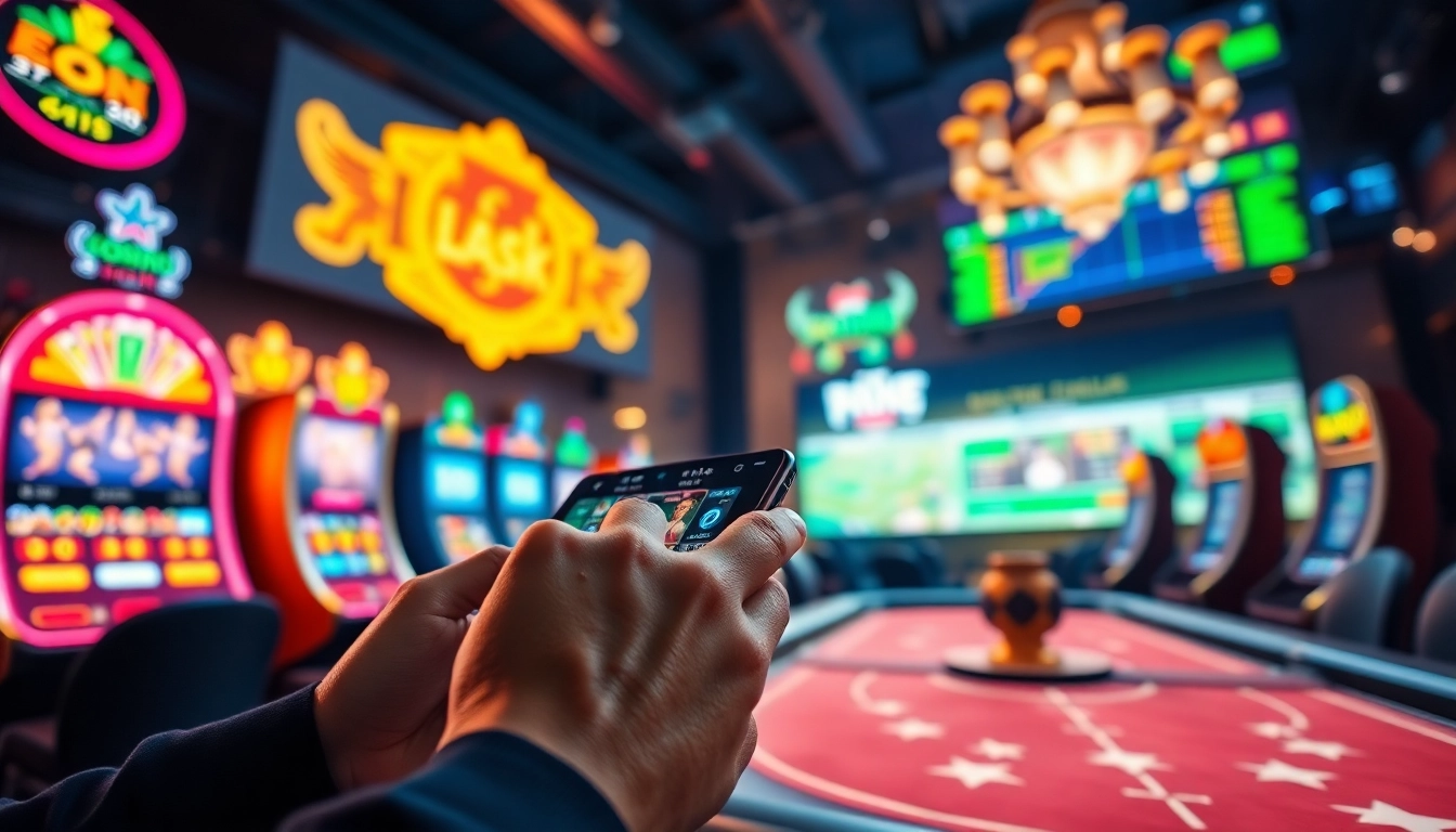 Engaged user exploring winvn88.live mobile app amidst vibrant online gambling visuals.
