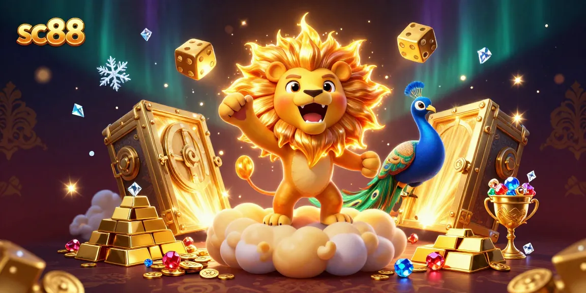 Experience the excitement of sc88 with a vibrant 3D casino scene featuring dynamic characters and gold treasures.