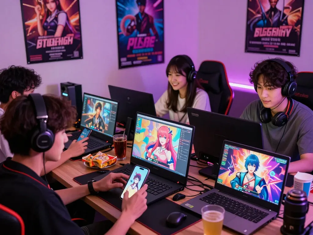 Players deeply engaged in porngame visual novels on multiple devices, showcasing lively adult gaming atmosphere.